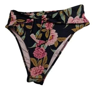 Shade & Shore Bikini Bottom Womens Medium Black Floral High Waist Ruched Swim